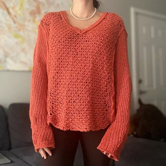 Free People V-Neck Crochet Boho Sweater - Burnt Orange - Size M - Picture 1 of 12